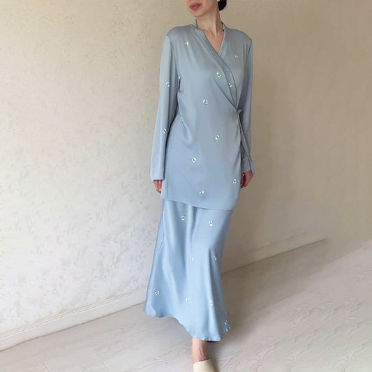 MS411#Vestido de satén estampado de manga larga con temperamento de moda