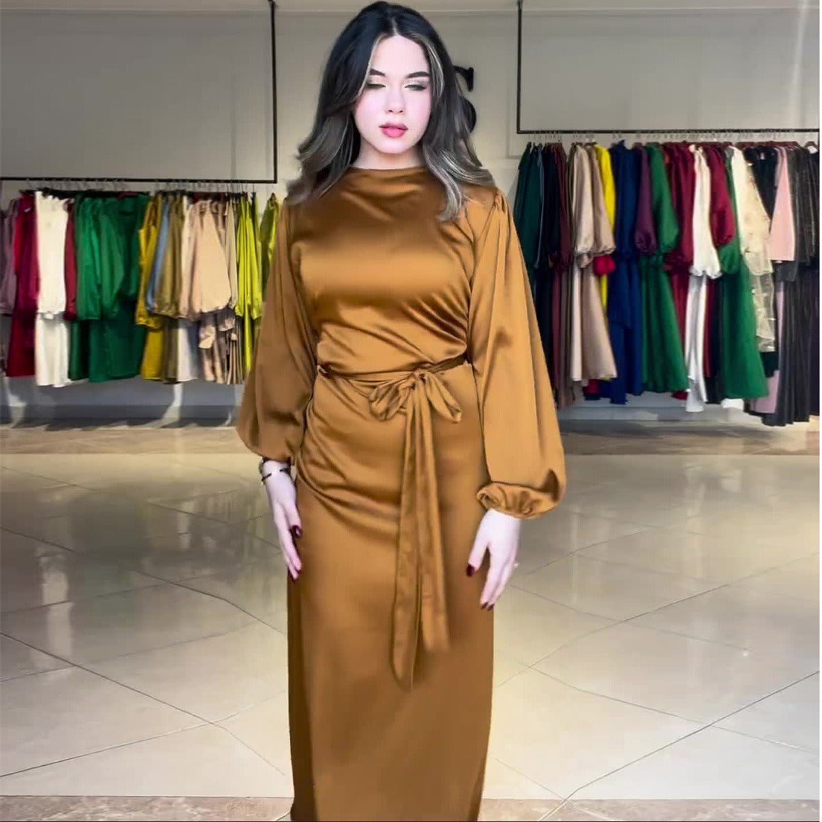 MS450#Vestido de satén de color liso con cinturón para mujer