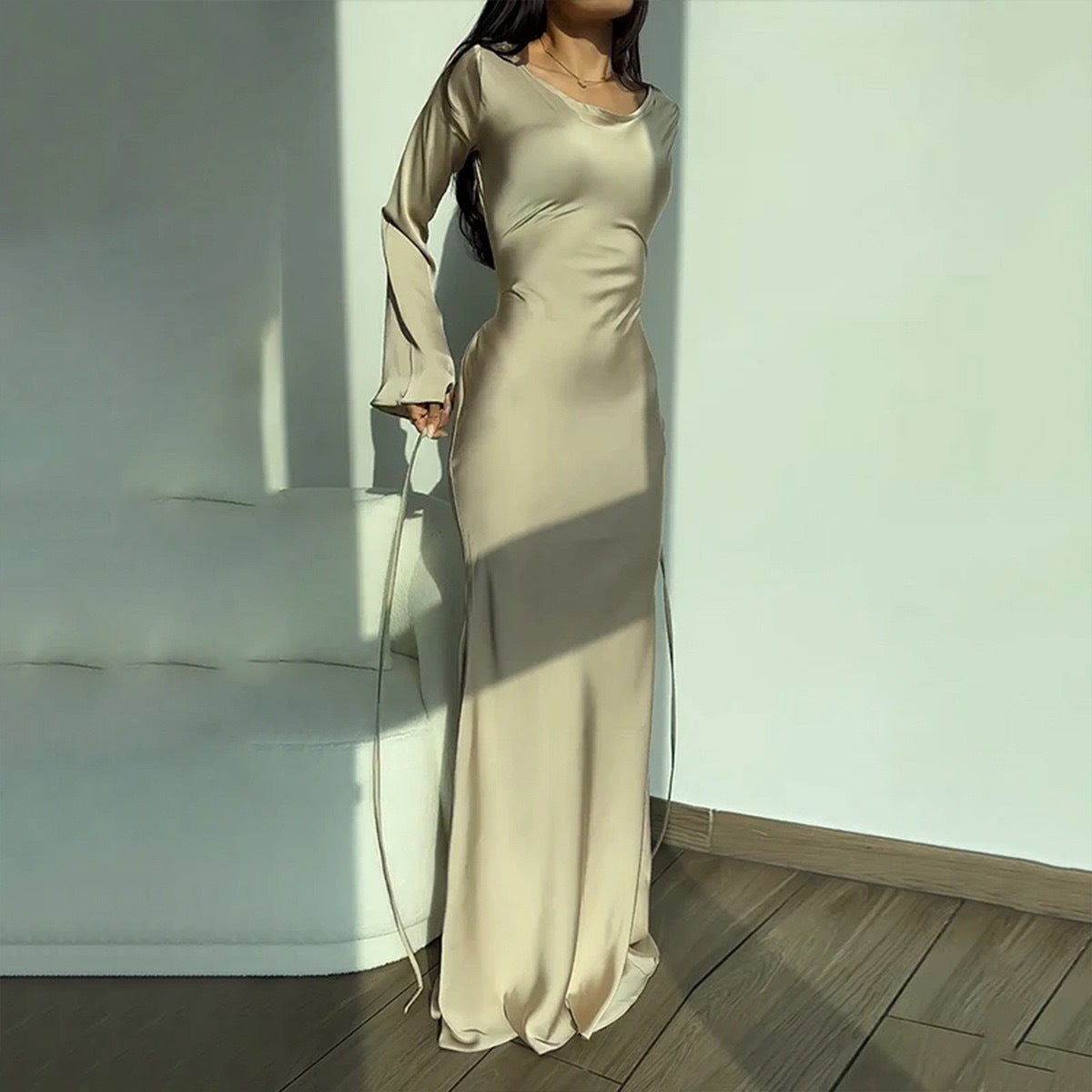 MS598#Vestido de cintura larga con cuello redondo y color liso