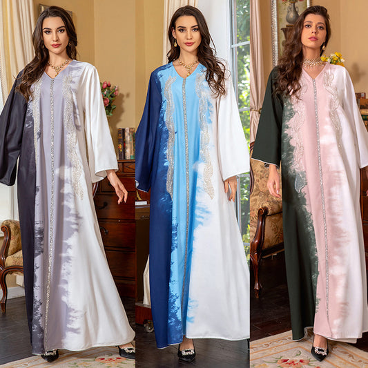 MS430#Abaya musulmana, túnica con bordados de cuentas y diamantes de imitación teñidos