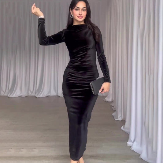 MS449#Vestido irregular de terciopelo con cintura para mujer