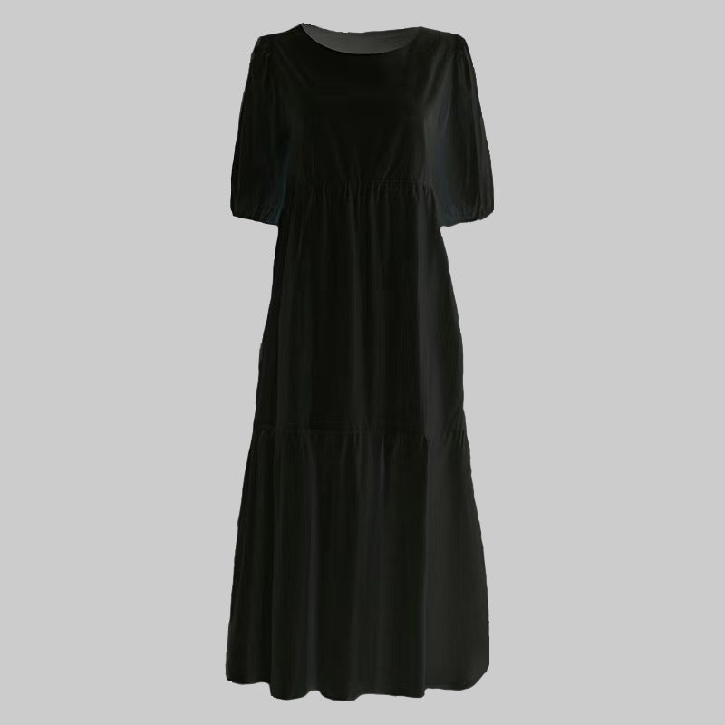 FS319# Vestido largo playero holgado con cuello redondo, manga corta y estampado de flores para mujer
