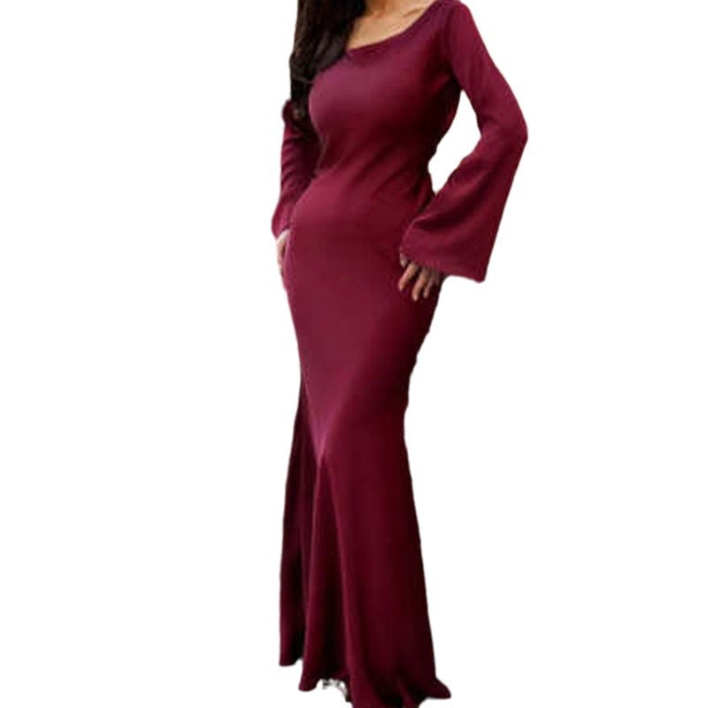MS598#Vestido de cintura larga con cuello redondo y color liso