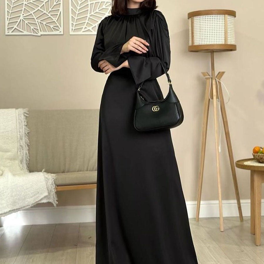 MS510#Vestido de moda con falda acampanada, cintura alta, manga larga y cuello semialto estilo satén