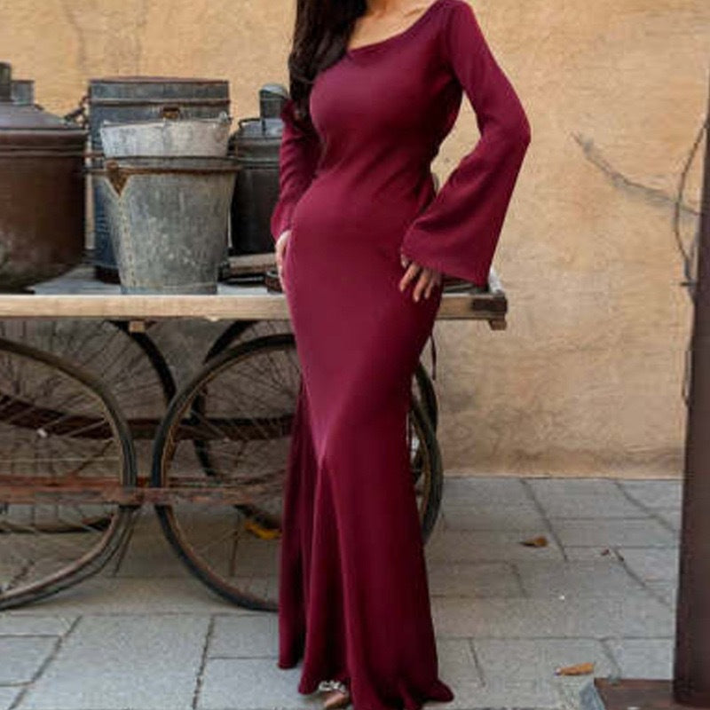 MS598#Vestido de cintura larga con cuello redondo y color liso
