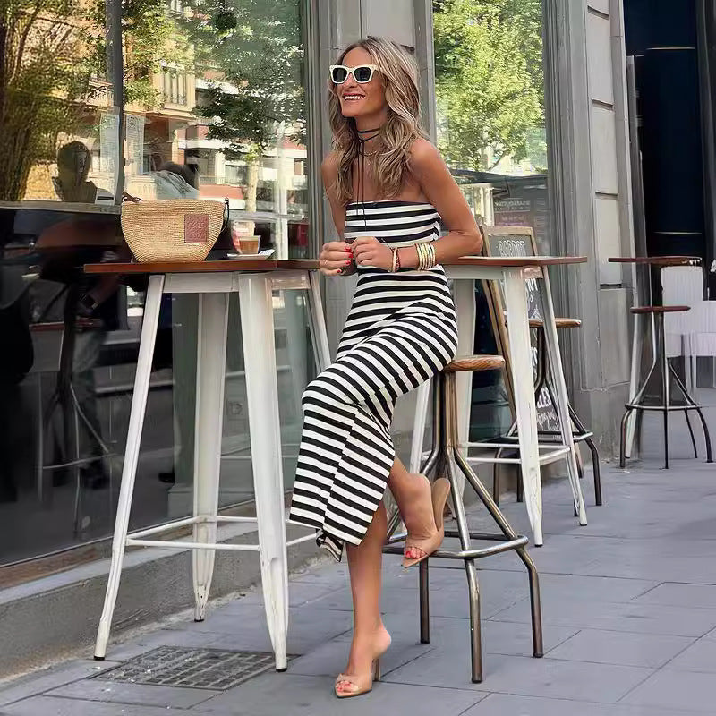 FS318#Vestido largo ajustado de verano para mujer, de tubo, acanalado, sin tirantes, con aberturas laterales, largo, informal, elegante, para salir y fiestas