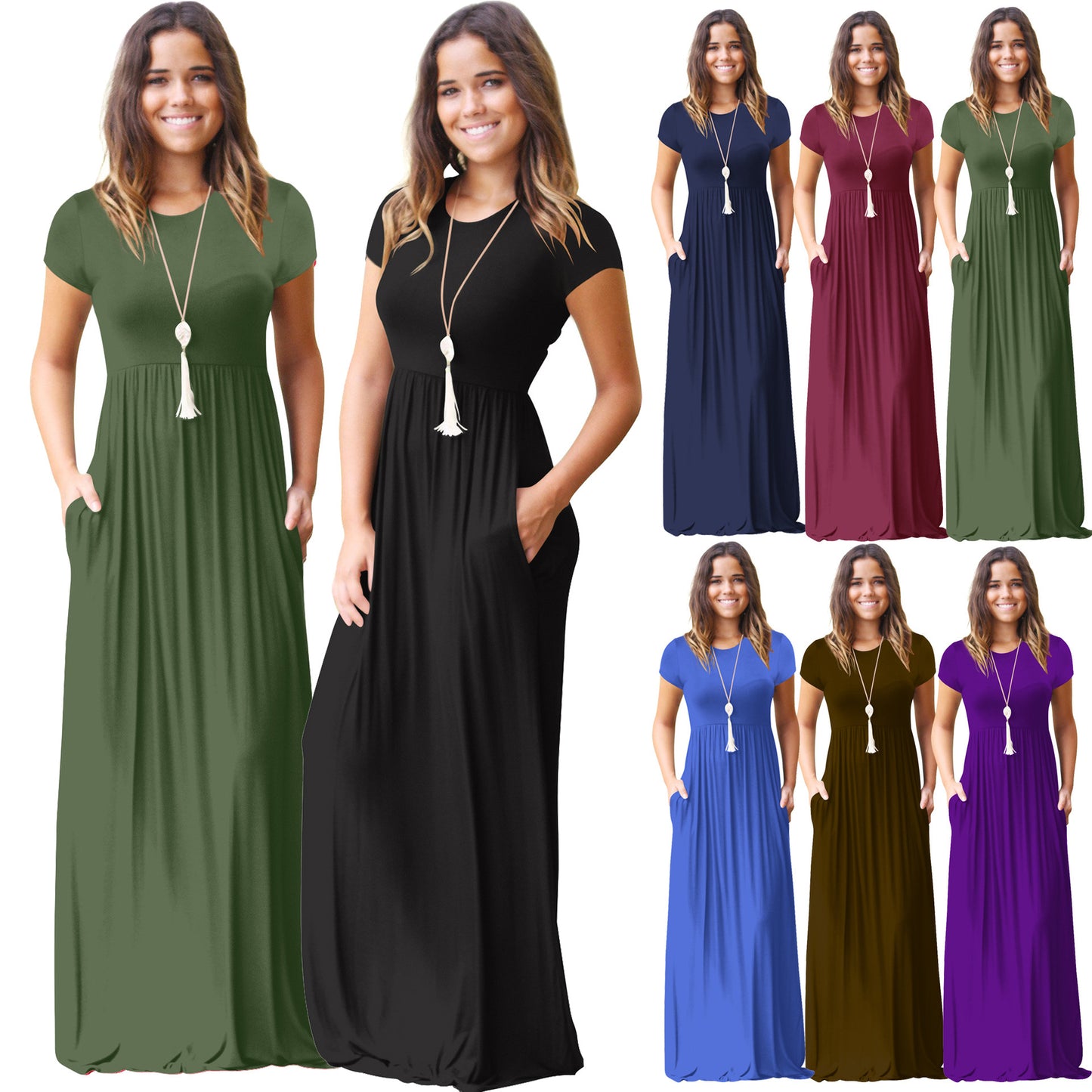 FS311#Vestido largo informal liso holgado de manga corta para mujer con bolsillos