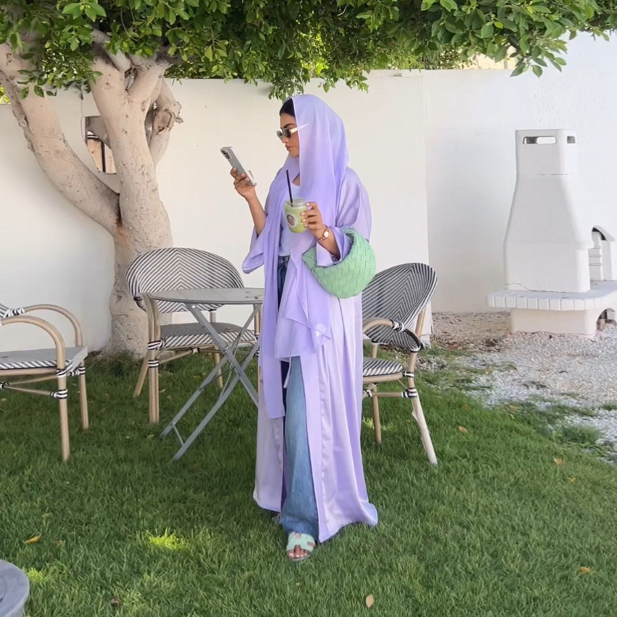 MS566# Túnica musulmana de moda, vestido suave de satén, prenda exterior abierta por delante, túnica abaya de color sólido