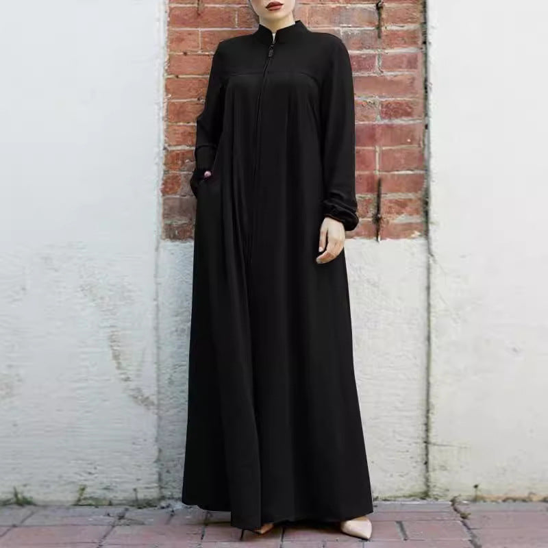 MS597#Vestido holgado de color liso con temperamento tipo cárdigan con cremallera