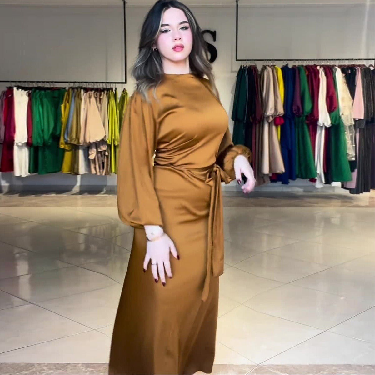 MS450#Vestido de satén de color liso con cinturón para mujer