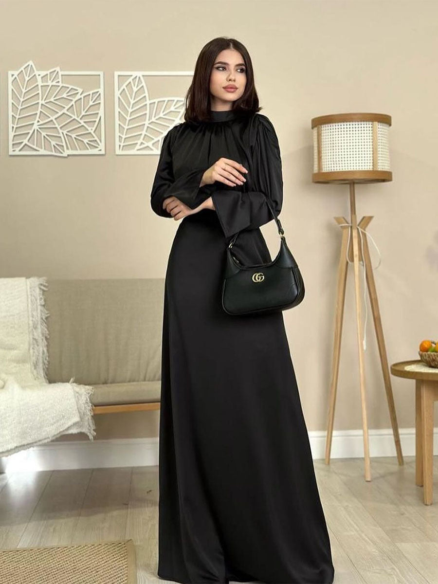 MS510#Vestido de moda con falda acampanada, cintura alta, manga larga y cuello semialto estilo satén