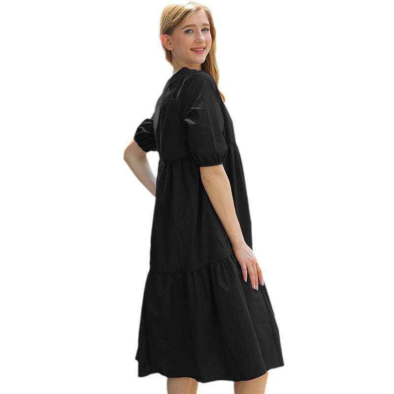 FS319# Vestido largo playero holgado con cuello redondo, manga corta y estampado de flores para mujer