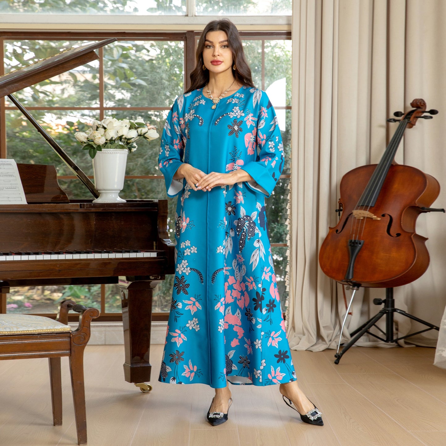 MS570#Fashion Arabian Dubai Burning Flower Hot Diamond Dress Middle East Hot Sale Women's Robe2024