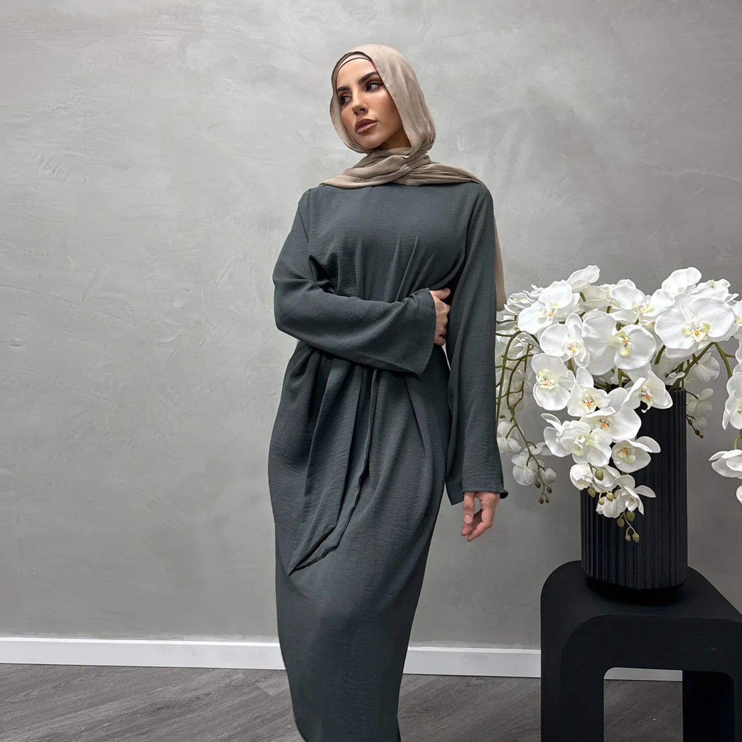 MS587#Elegante vestido abaya con cordones