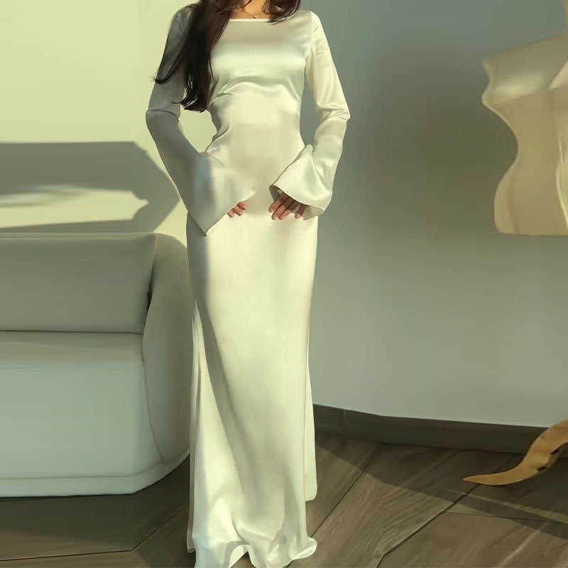 MS598#Vestido de cintura larga con cuello redondo y color liso