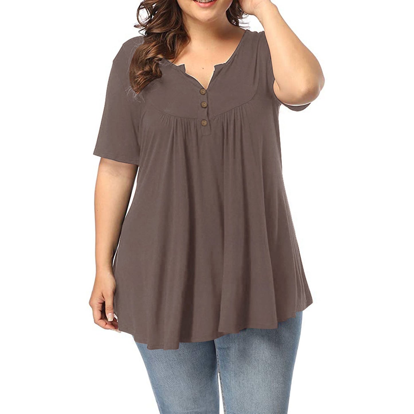 FS312#Blusa tipo túnica de talla grande para mujer, blusa de verano de manga corta con cuello en V, blusas holgadas con volantes y botones