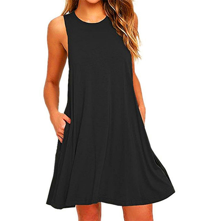 FS307# Vestidos de verano para mujer 2024 Vestido playero informal sin mangas con estampado floral Vestido de verano holgado con bolsillo