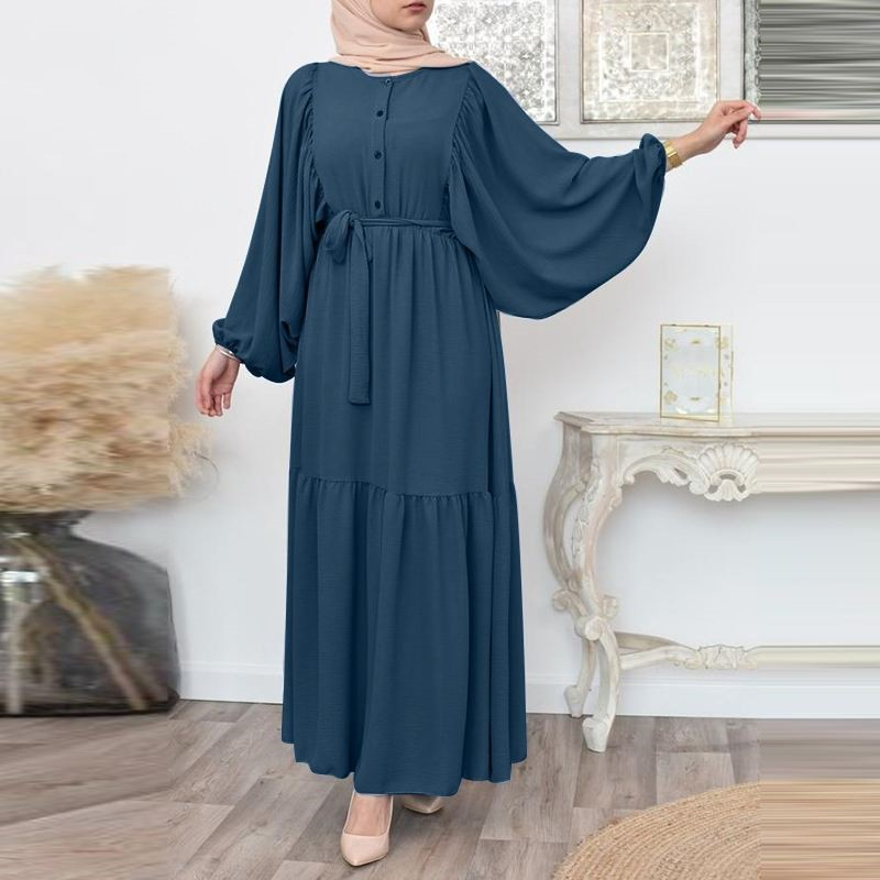 MS373#Vestido casual con cinturón y mangas abullonadas para mujer musulmana