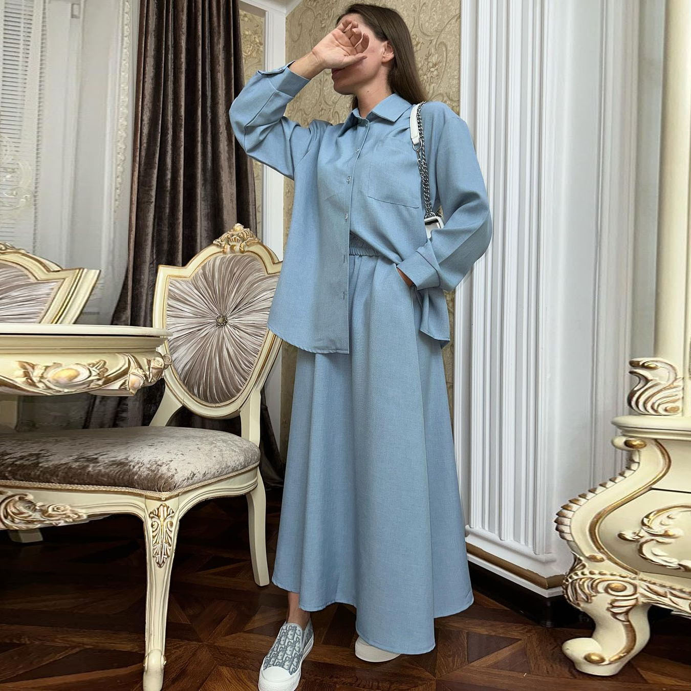 MS364#Traje informal de camisa y falda de manga larga suelta para mujeres musulmanas