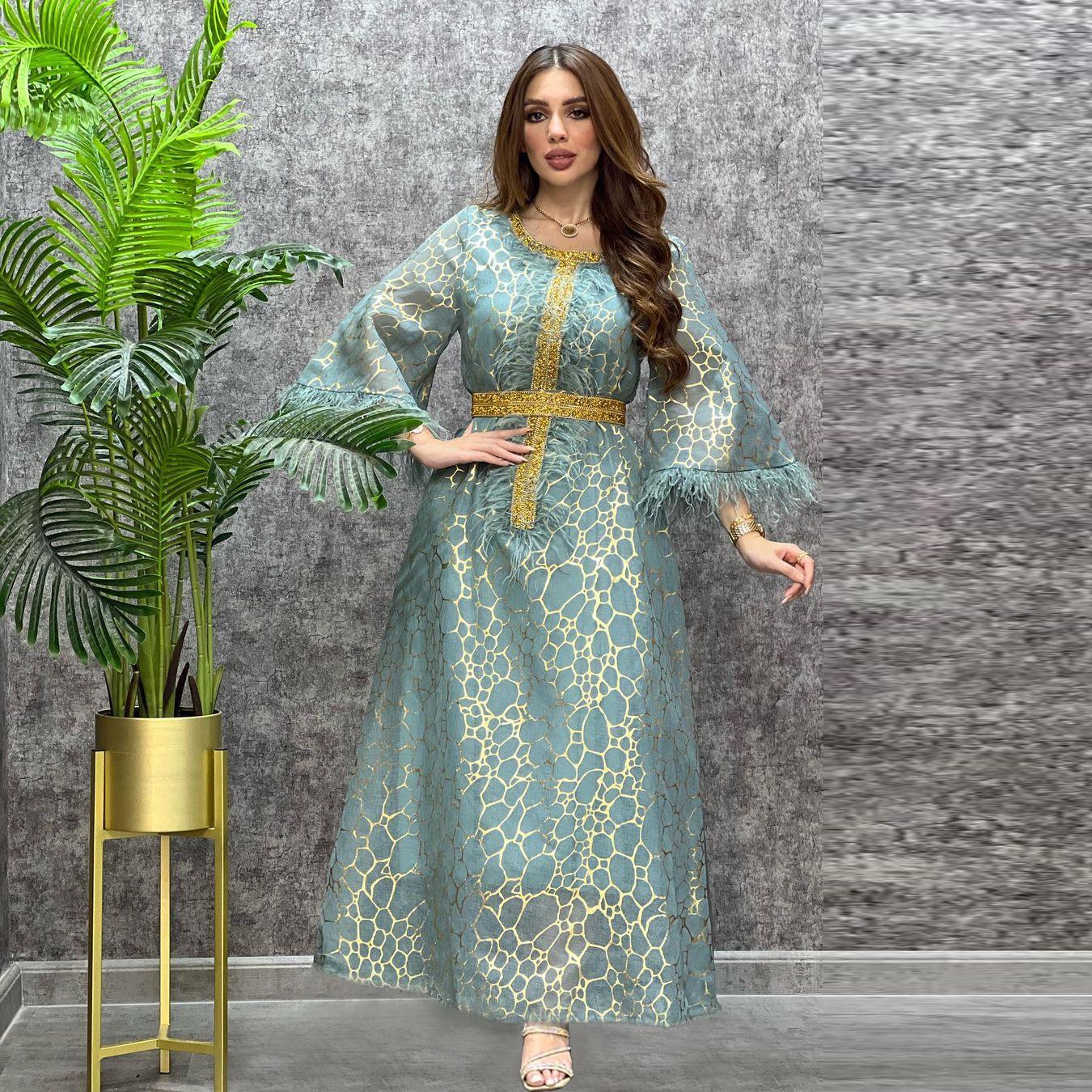 MS307#Vestido de otoño e invierno, venta caliente, ropa árabe, vestido de brocado dorado caliente