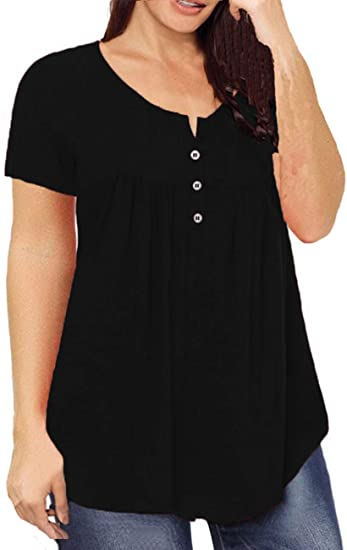 FS312#Blusa tipo túnica de talla grande para mujer, blusa de verano de manga corta con cuello en V, blusas holgadas con volantes y botones
