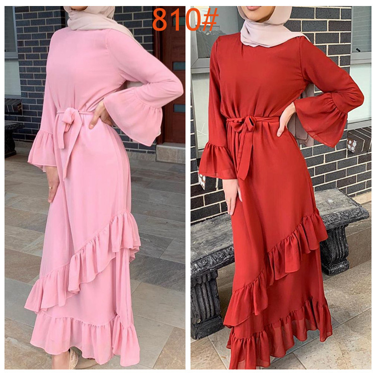 MS377#Vestido musulmán con mangas acampanadas con volantes
