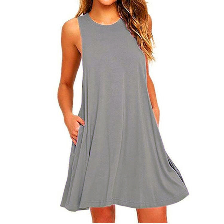 FS307# Vestidos de verano para mujer 2024 Vestido playero informal sin mangas con estampado floral Vestido de verano holgado con bolsillo