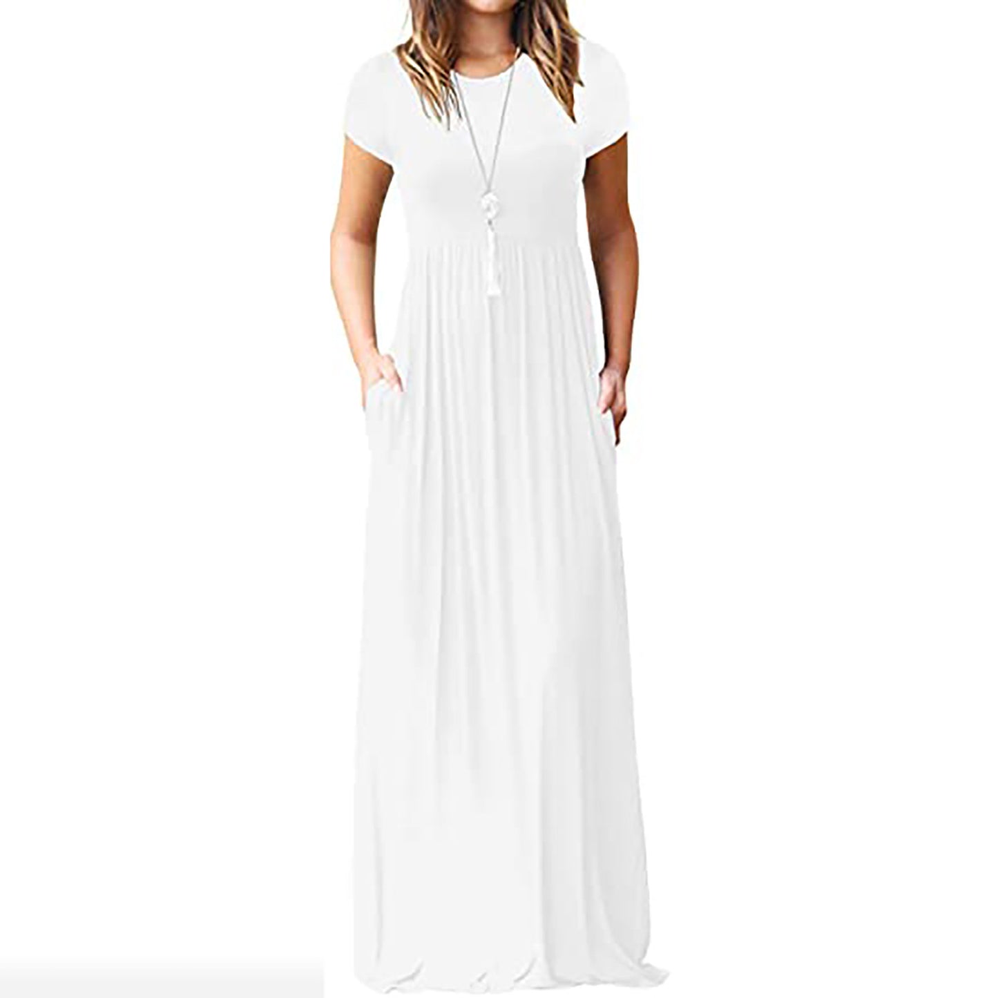 FS311#Vestido largo informal liso holgado de manga corta para mujer con bolsillos