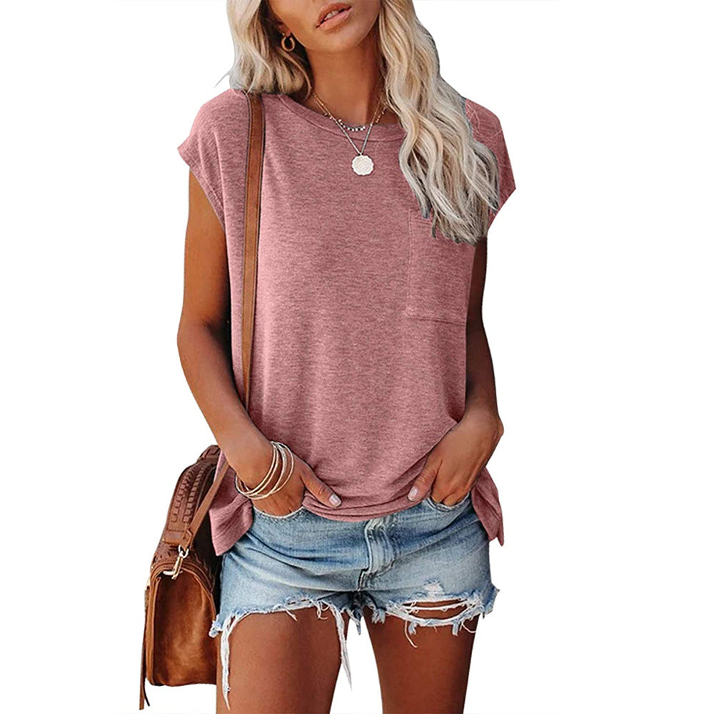 FS313#Camisetas de verano para mujer, de manga corta, holgadas, lisas, con bolsillos
