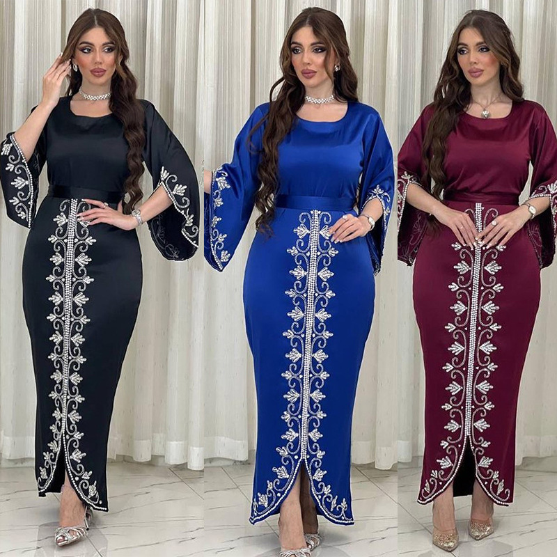 MS316#Vestido de noche de satén suave con incrustaciones de diamantes y largo para mujer