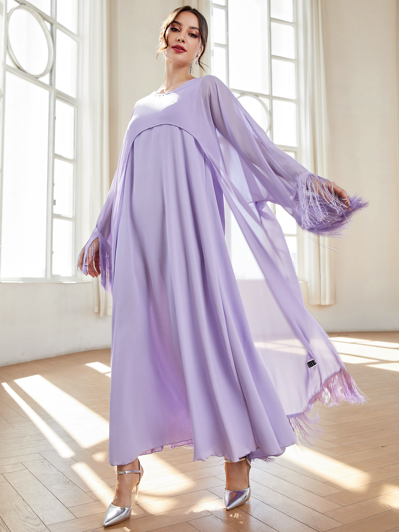MS354#Conjunto elegante de dos piezas de bata de gasa y borlas