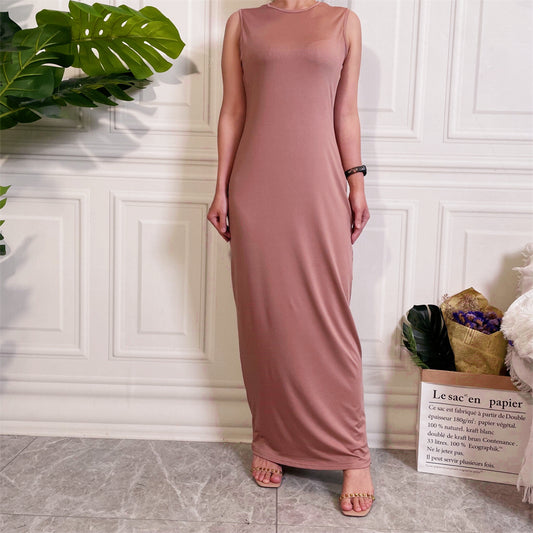 MS312#Vestido interior modesto sin mangas con bolsillos