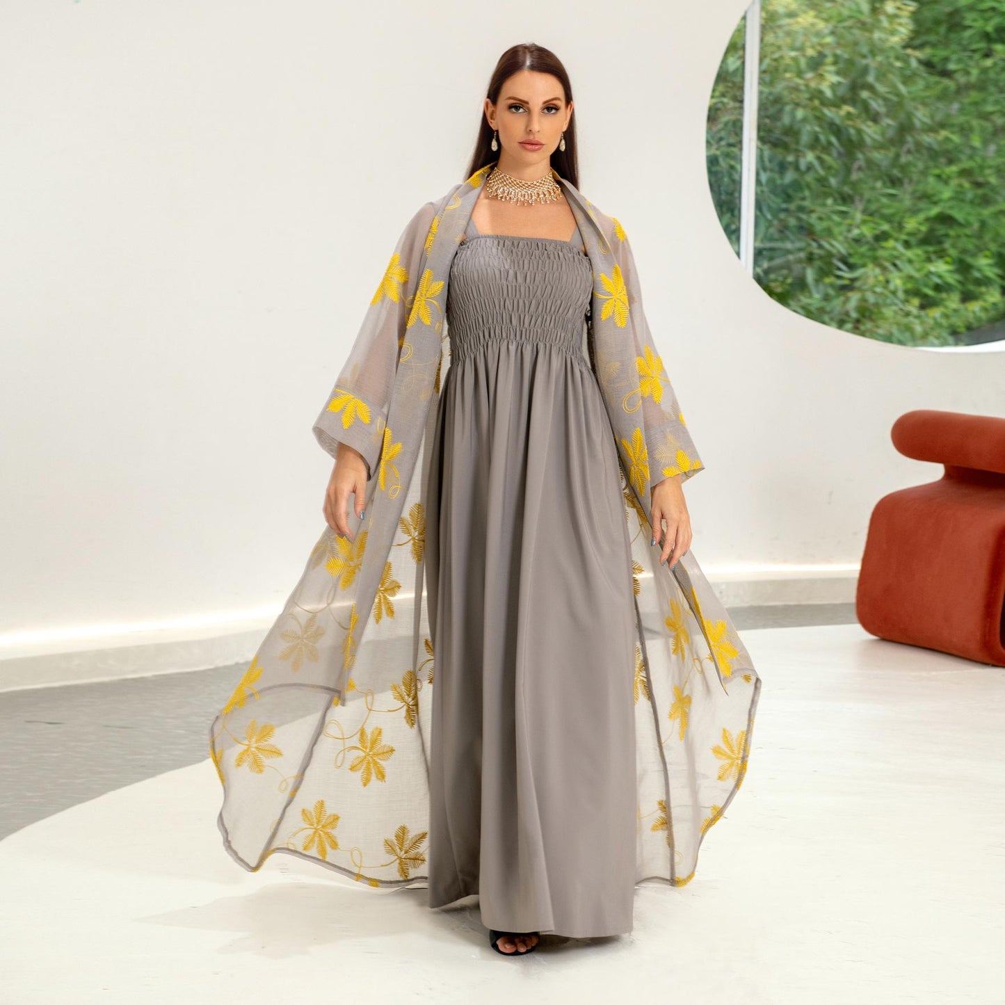 MS304#Vestido musulmán de gasa para mujer, dos piezas, estilo bandolera, para jugar, hecho a mano, estilo Dubai
