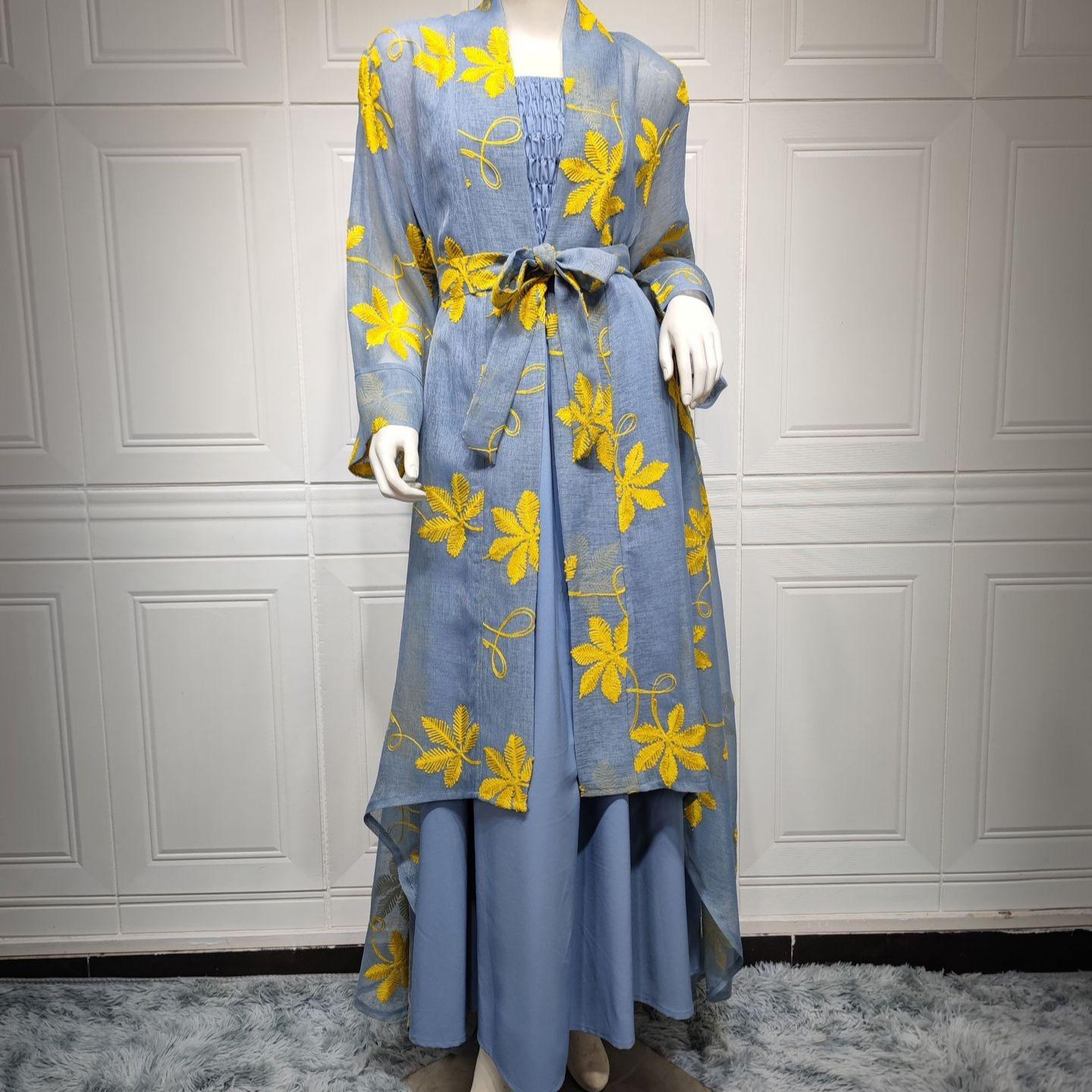 MS304#Vestido musulmán de gasa para mujer, dos piezas, estilo bandolera, para jugar, hecho a mano, estilo Dubai