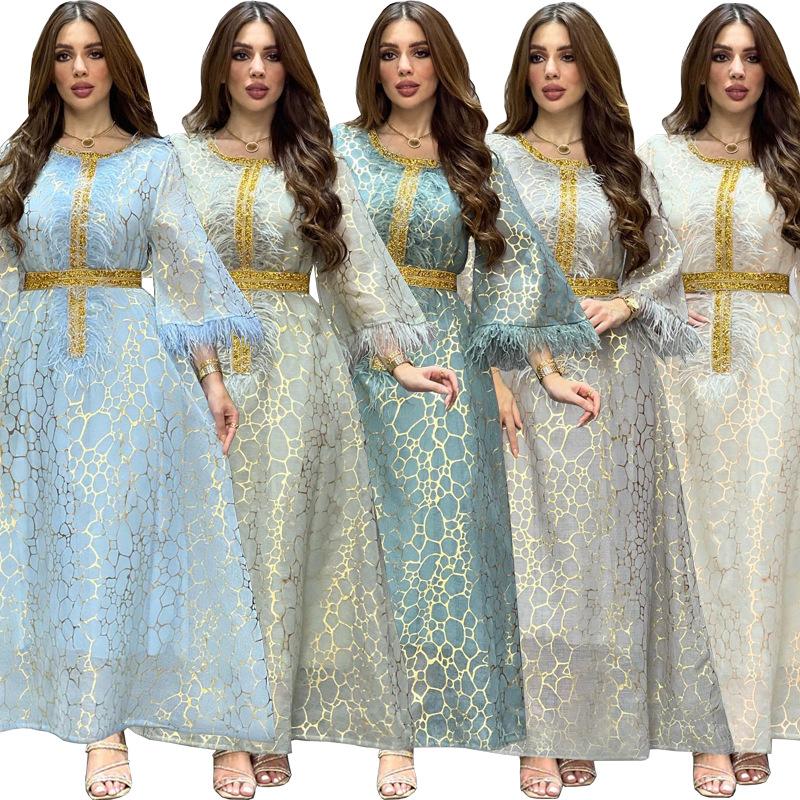 MS307#Vestido de otoño e invierno, venta caliente, ropa árabe, vestido de brocado dorado caliente