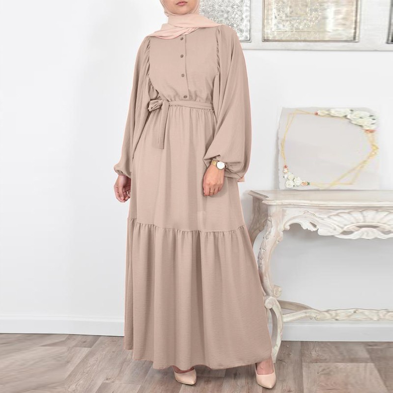 MS373#Vestido casual con cinturón y mangas abullonadas para mujer musulmana