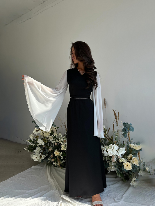 MS460#Vestido de malla transparente con mangas peplum y escote en V holgado