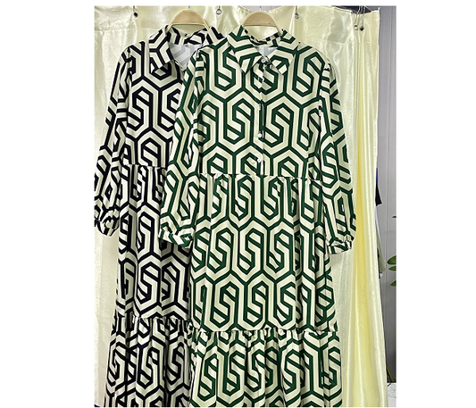 MS095#Vestido de manga larga con estampado geométrico y solapa