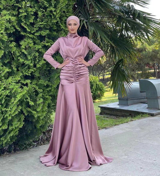 MS216#Vestido musulmán plisado con cintura de satén