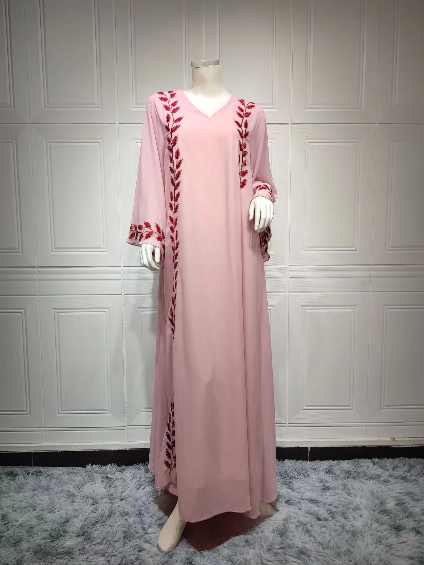 MS242#Vestido rosa bordado de gasa musulmana