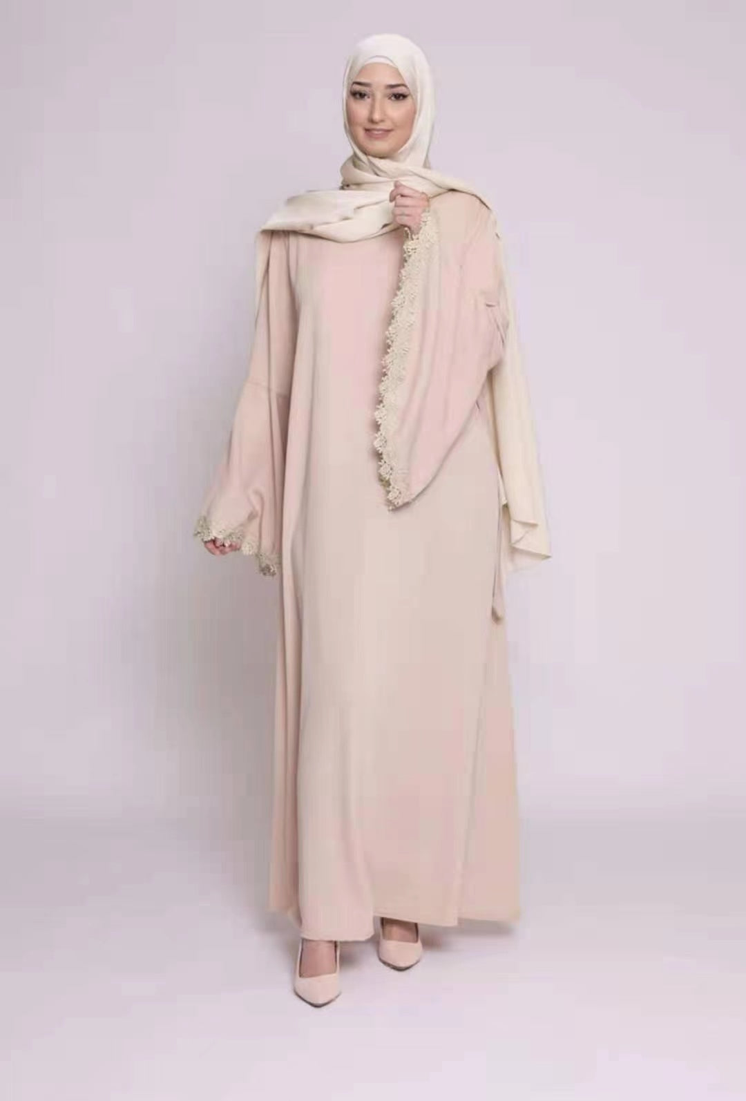 MS257#Vestido musulmán con mangas de encaje liso