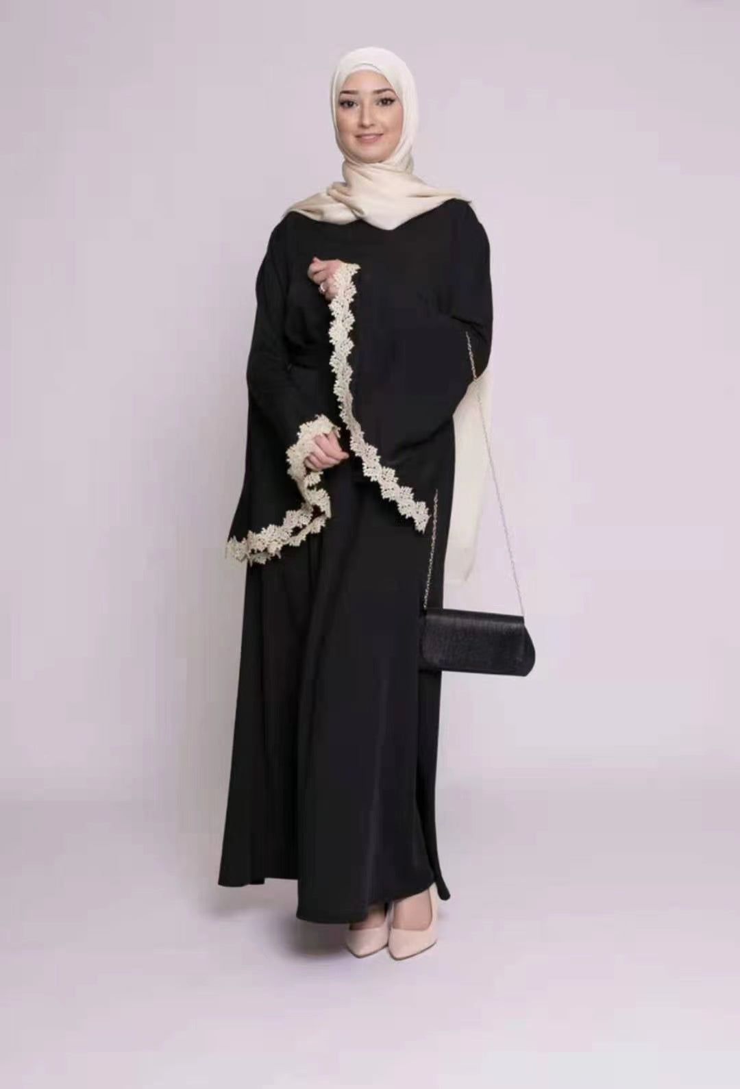 MS257#Vestido musulmán con mangas de encaje liso