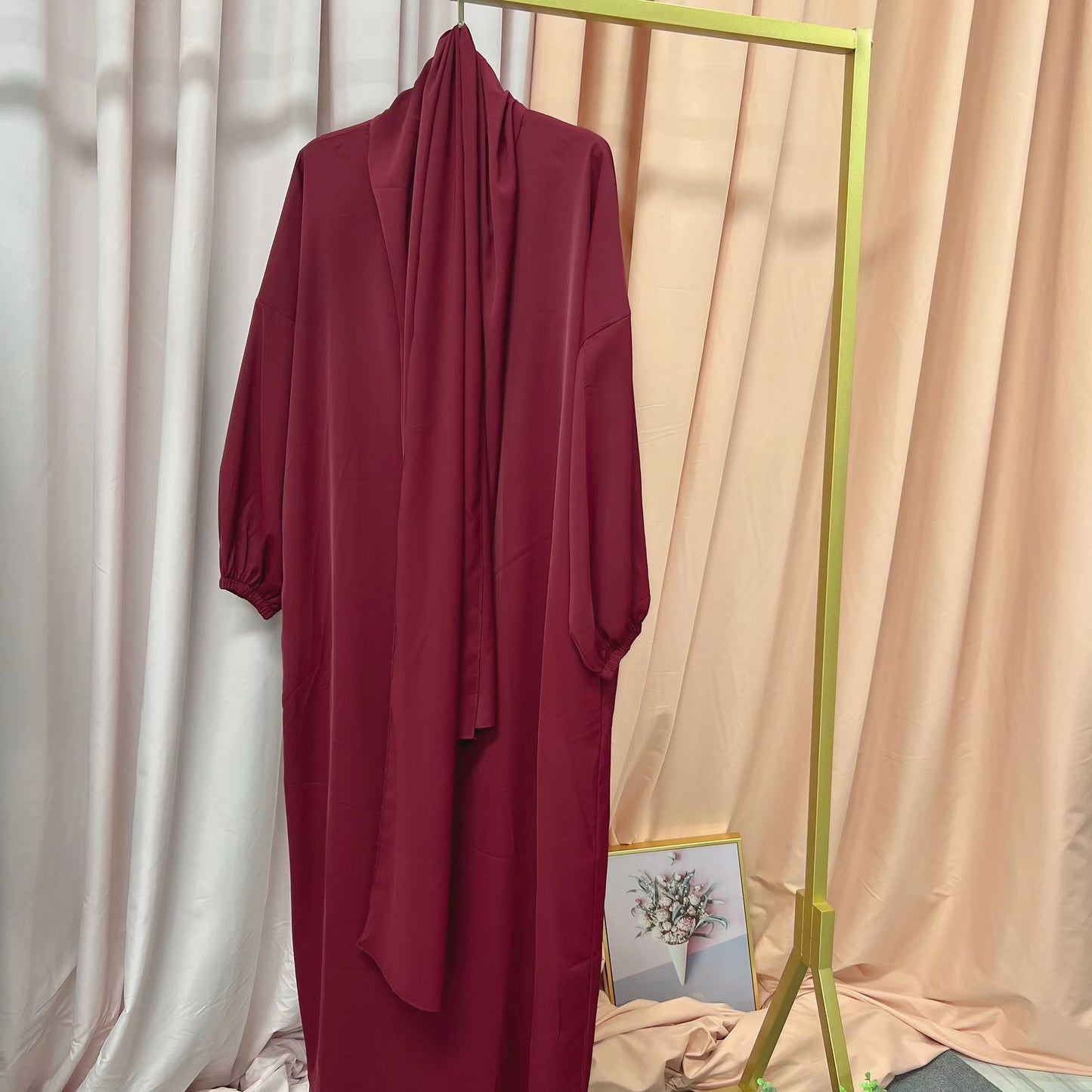 MS267#Vestido tipo túnica musulmán con bufanda de color sólido