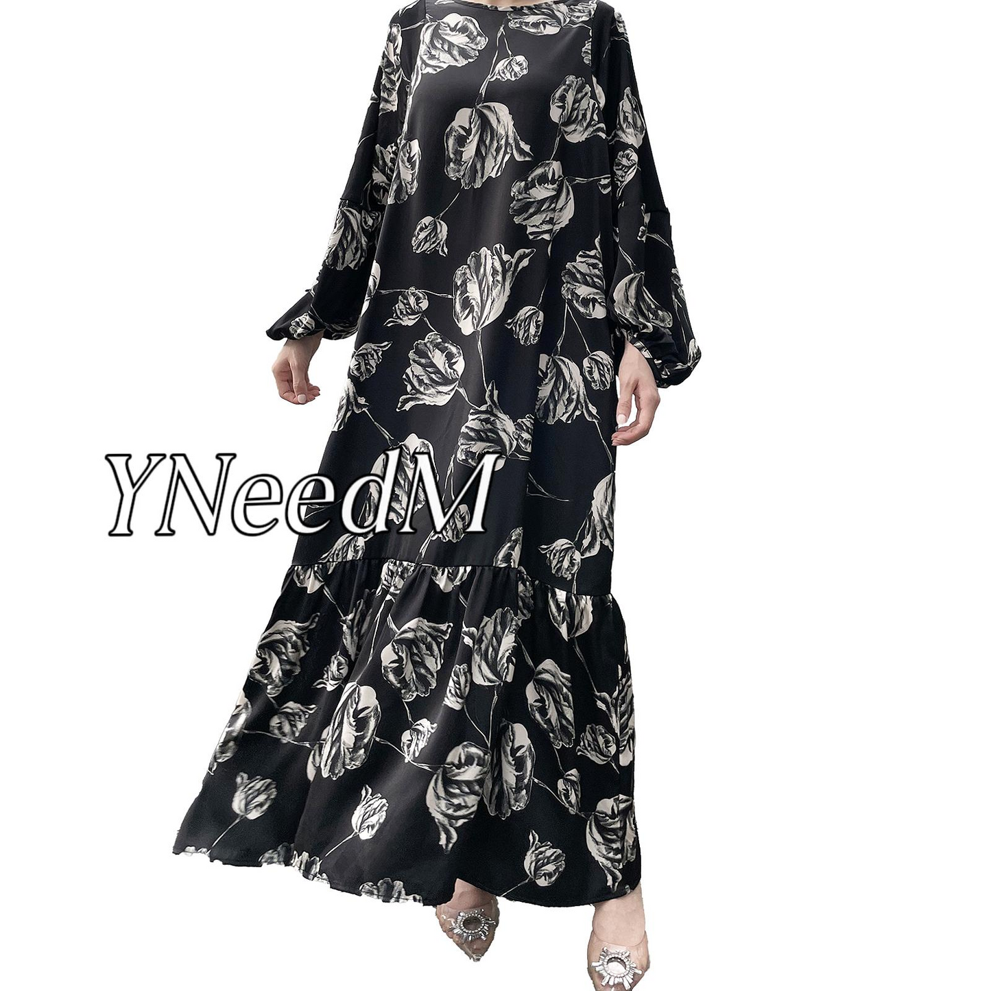 MS309#Vestido largo holgado de mujer con fragmentos florales