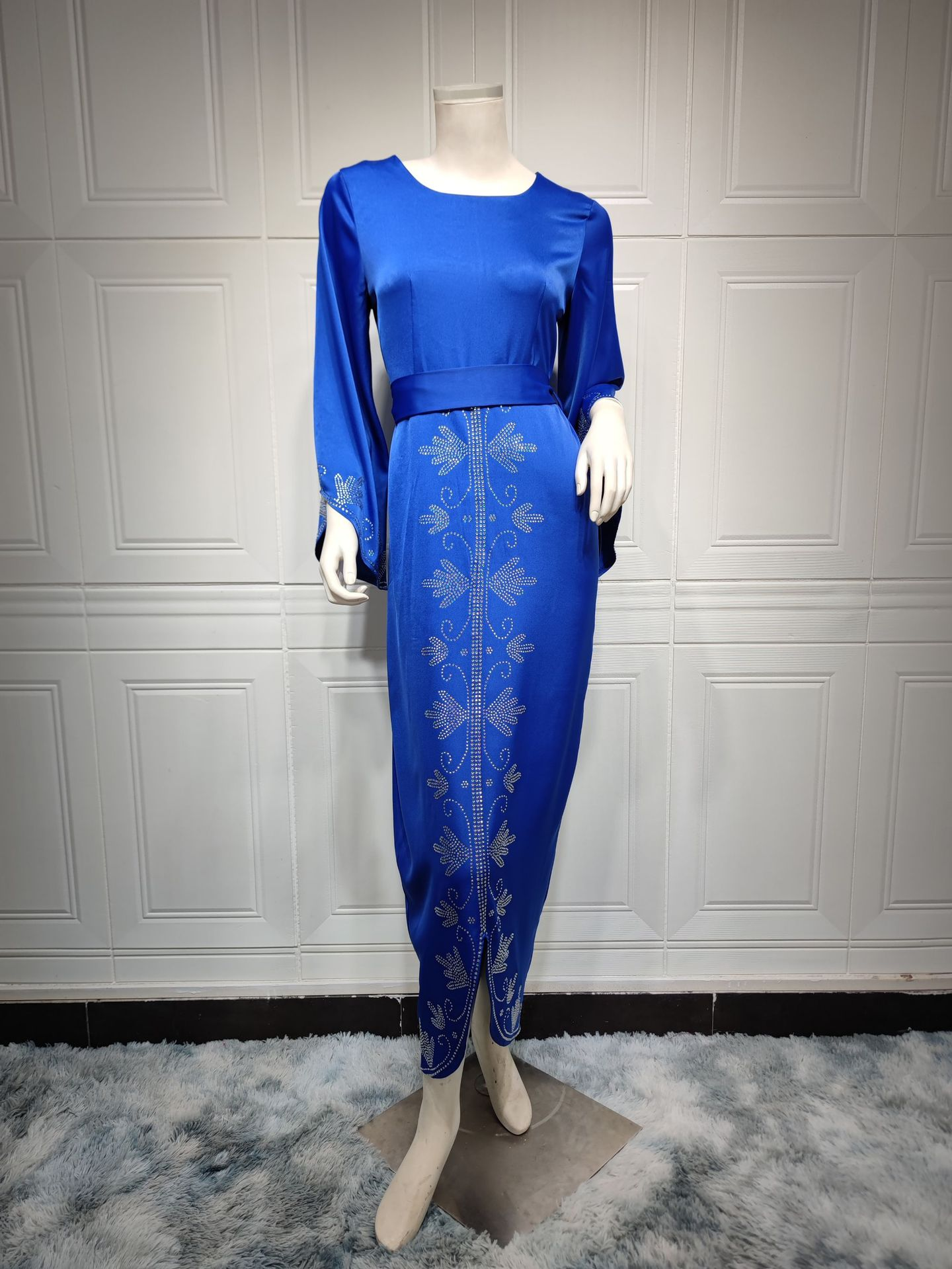 MS316#Vestido de noche de satén suave con incrustaciones de diamantes y largo para mujer
