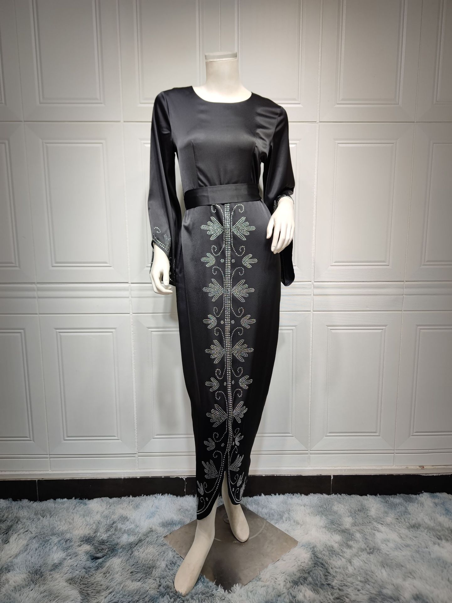 MS316#Vestido de noche de satén suave con incrustaciones de diamantes y largo para mujer