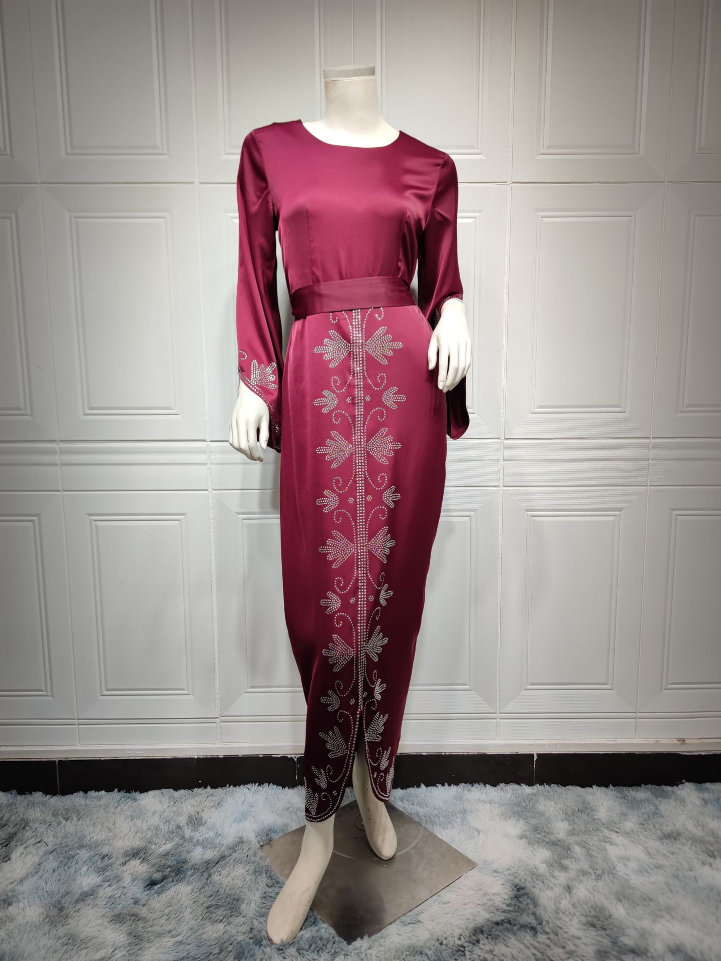 MS316#Vestido de noche de satén suave con incrustaciones de diamantes y largo para mujer