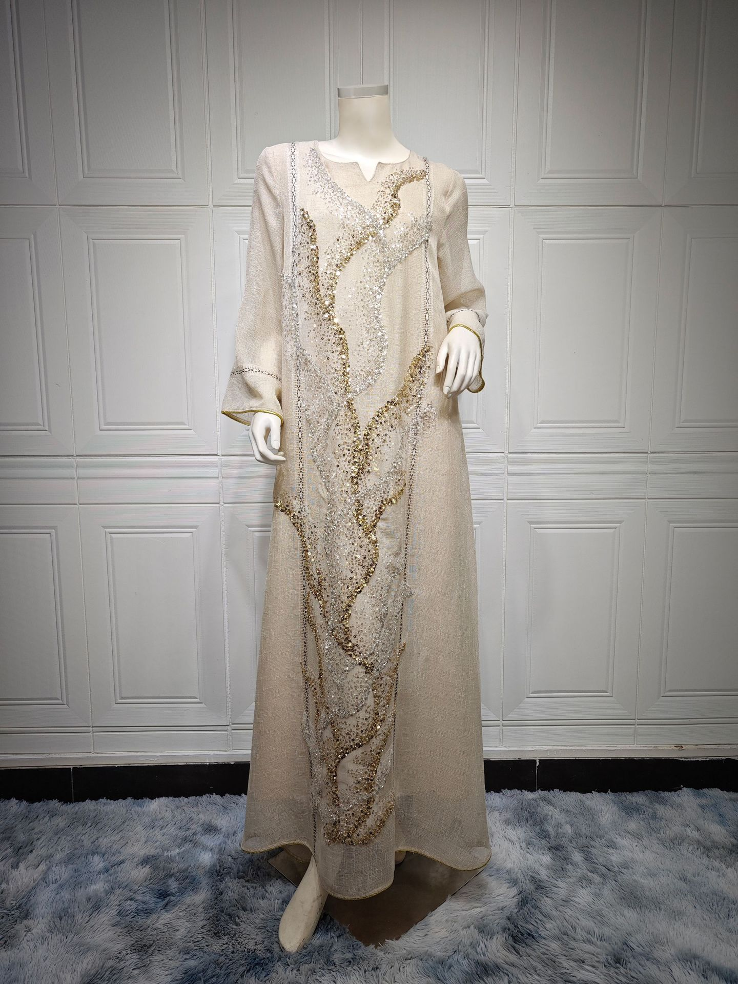 MS332#Muslim white gauze bead embroidered temperament robe