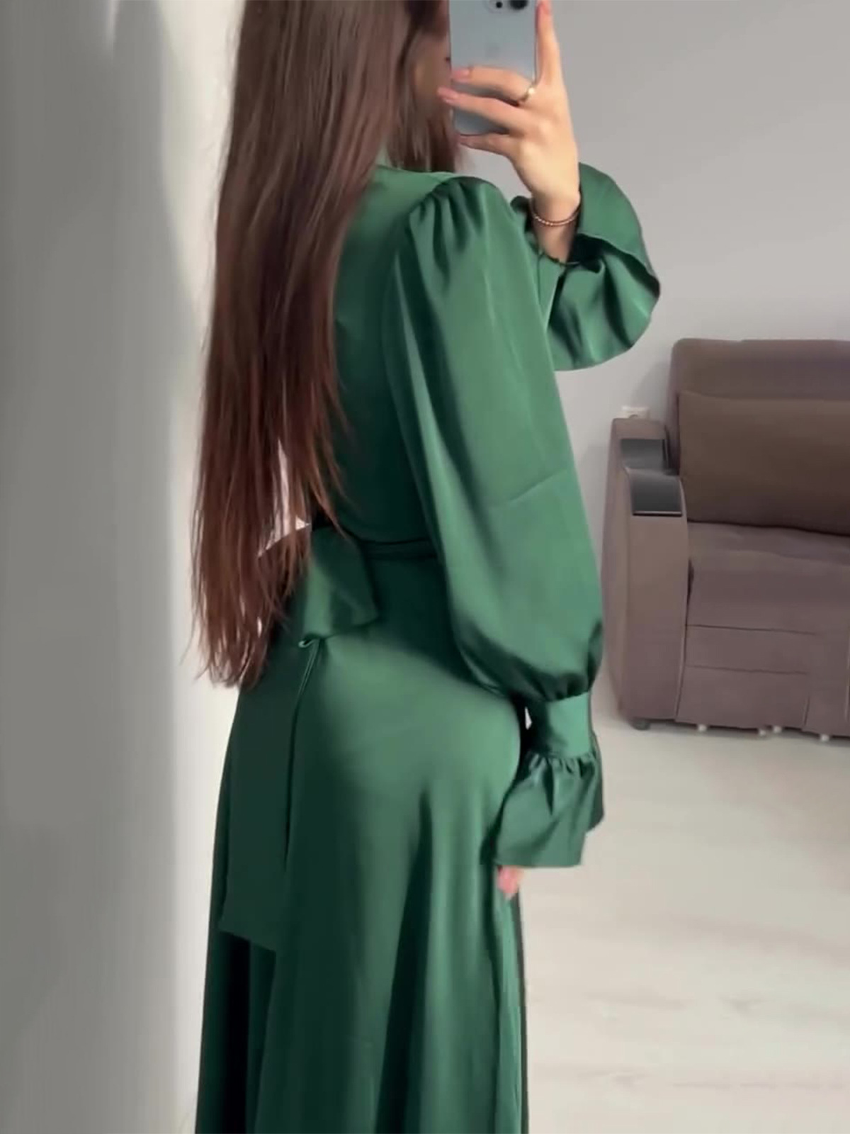 MS457#Long-sleeved belted green dress with puffy sleeves