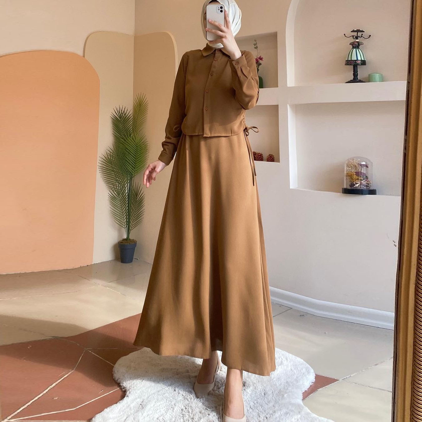 MS362#muslim long sleeve shirt skirt suit